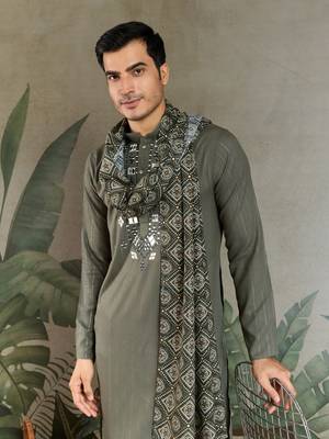 Olive green pure viscose real mirror with jari weaving work wedding festival party wear straight kurta with dupatta 3