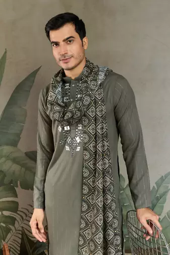 Olive green pure viscose real mirror with jari weaving work wedding festival party wear straight kurta with dupatta