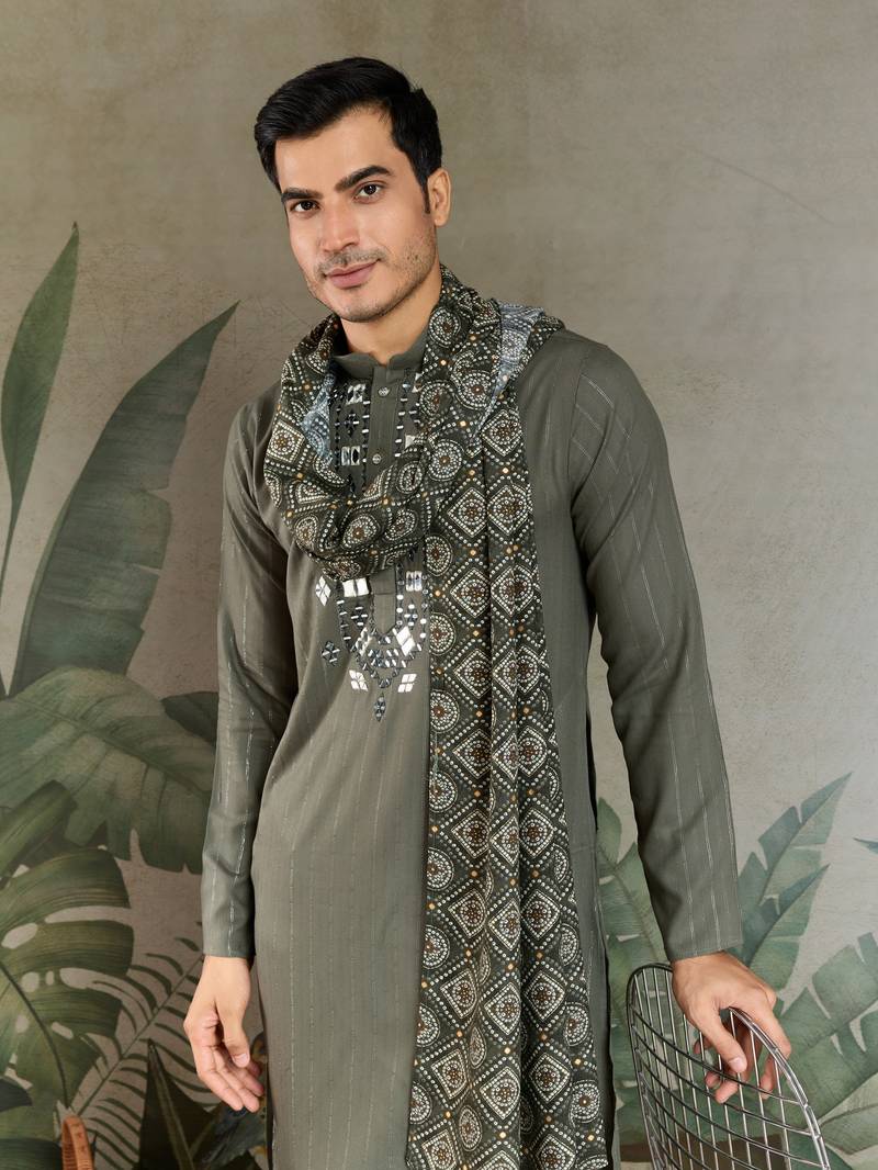 Olive green pure viscose real mirror with jari weaving work wedding festival party wear straight kurta with dupatta
