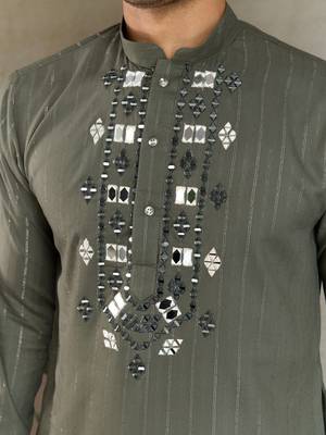 Olive green pure viscose real mirror with jari weaving work wedding festival party wear straight kurta with dupatta 4