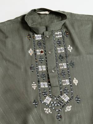 Olive green pure viscose real mirror with jari weaving work wedding festival party wear straight kurta with dupatta 5