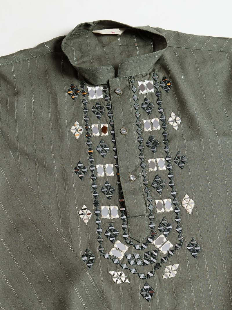 Olive green pure viscose real mirror with jari weaving work wedding festival party wear straight kurta with dupatta