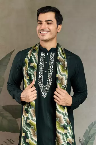 GREEN PURE VISCOSE REAL MIRROR WITH JARI WEAVING WORK WEDDING FESTIVAL PARTY WEAR STRAIGHT KURTA WITH DUPATTA