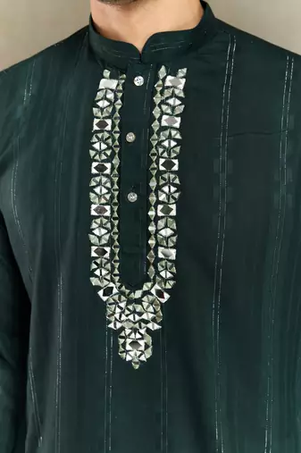GREEN PURE VISCOSE REAL MIRROR WITH JARI WEAVING WORK WEDDING FESTIVAL PARTY WEAR STRAIGHT KURTA WITH DUPATTA