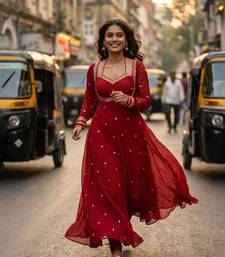 red georgette zari embroidered sweetheart neck flared gown