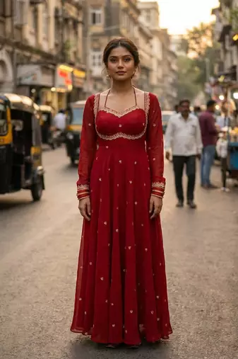 red georgette zari embroidered sweetheart neck flared gown