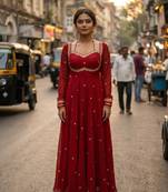 red georgette zari embroidered sweetheart neck flared gown