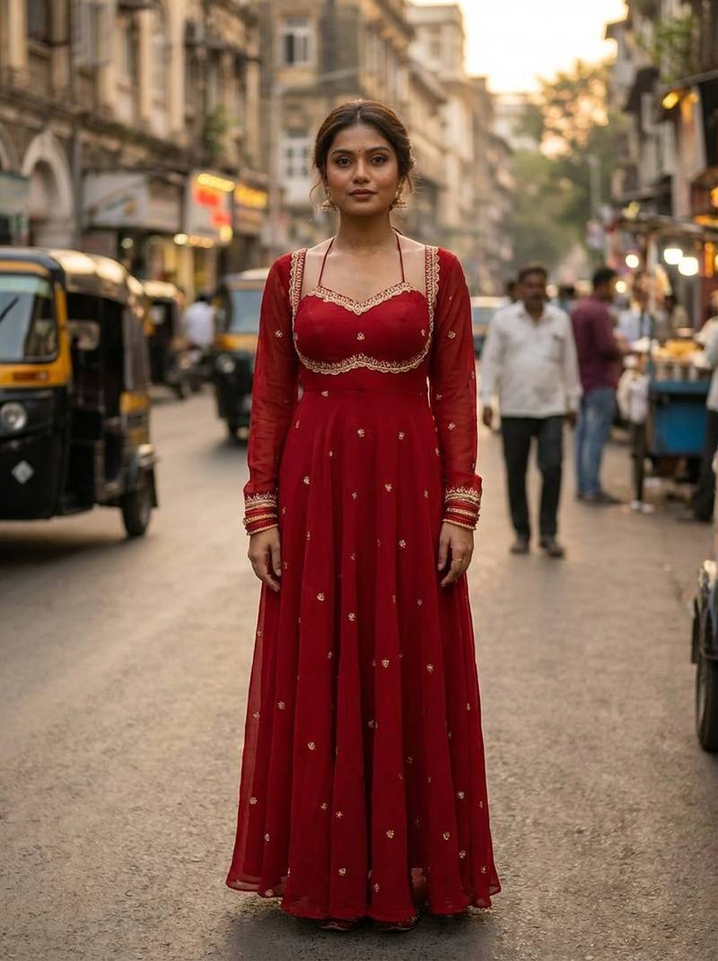 red georgette zari embroidered sweetheart neck flared gown