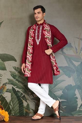 Red pure viscose real mirror with jari weaving work wedding festival party wear straight kurta with dupatta