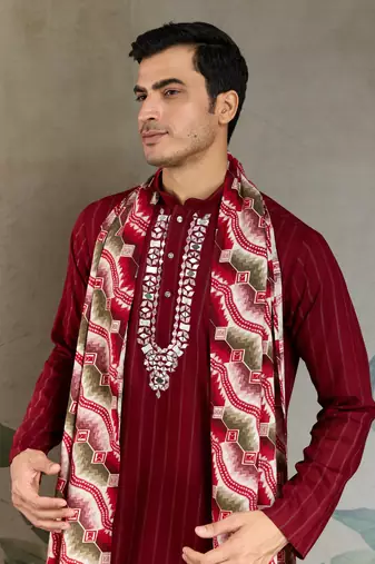 RED PURE VISCOSE REAL MIRROR WITH JARI WEAVING WORK WEDDING FESTIVAL PARTY WEAR STRAIGHT KURTA WITH DUPATTA