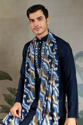 NAVY BLUE GREEN PURE VISCOSE REAL MIRROR WITH JARI WEAVING WORK WEDDING FESTIVAL PARTY WEAR STRAIGHT KURTA WITH DUPATTA