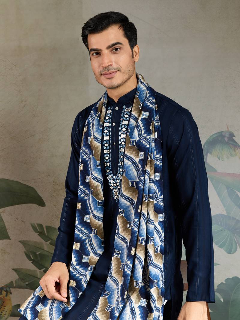 Navy blue green pure viscose real mirror with jari weaving work wedding festival party wear straight kurta with dupatta