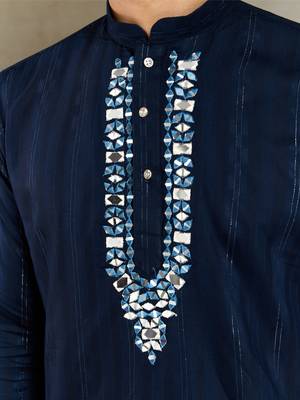 NAVY BLUE GREEN PURE VISCOSE REAL MIRROR WITH JARI WEAVING WORK WEDDING FESTIVAL PARTY WEAR STRAIGHT KURTA WITH DUPATTA 4
