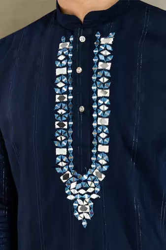 NAVY BLUE GREEN PURE VISCOSE REAL MIRROR WITH JARI WEAVING WORK WEDDING FESTIVAL PARTY WEAR STRAIGHT KURTA WITH DUPATTA