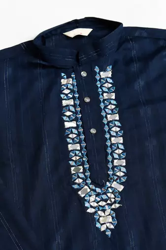 NAVY BLUE GREEN PURE VISCOSE REAL MIRROR WITH JARI WEAVING WORK WEDDING FESTIVAL PARTY WEAR STRAIGHT KURTA WITH DUPATTA