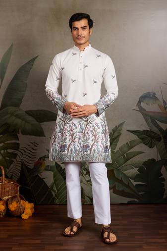 White viscose silk thread & sequins embroidered work wedding festival marriage party wear straight mens kurta