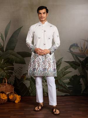 WHITE VISCOSE SILK THREAD & SEQUINS EMBROIDERED WORK WEDDING FESTIVAL MARRIAGE PARTY WEAR STRAIGHT MENS KURTA 1