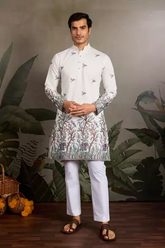 White viscose silk thread & sequins embroidered work wedding festival marriage party wear straight mens kurta
