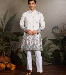 WHITE VISCOSE SILK THREAD & SEQUINS EMBROIDERED WORK WEDDING FESTIVAL MARRIAGE PARTY WEAR STRAIGHT MENS KURTA
