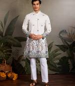 White viscose silk thread & sequins embroidered work wedding festival marriage party wear straight mens kurta