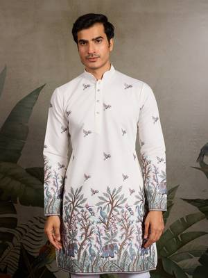 WHITE VISCOSE SILK THREAD & SEQUINS EMBROIDERED WORK WEDDING FESTIVAL MARRIAGE PARTY WEAR STRAIGHT MENS KURTA 3