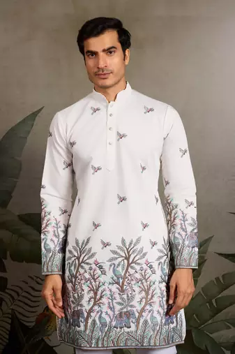 WHITE VISCOSE SILK THREAD & SEQUINS EMBROIDERED WORK WEDDING FESTIVAL MARRIAGE PARTY WEAR STRAIGHT MENS KURTA