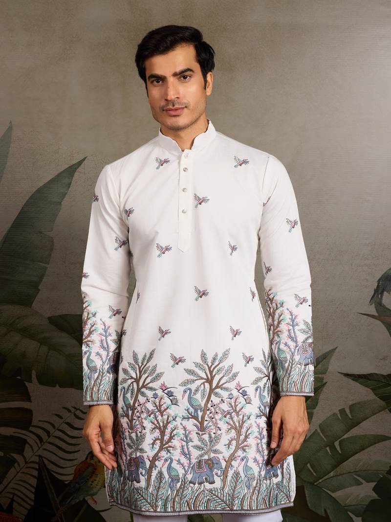 White viscose silk thread & sequins embroidered work wedding festival marriage party wear straight mens kurta