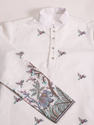 WHITE VISCOSE SILK THREAD & SEQUINS EMBROIDERED WORK WEDDING FESTIVAL MARRIAGE PARTY WEAR STRAIGHT MENS KURTA 5