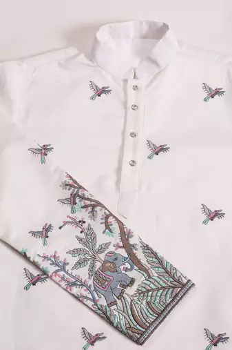 WHITE VISCOSE SILK THREAD & SEQUINS EMBROIDERED WORK WEDDING FESTIVAL MARRIAGE PARTY WEAR STRAIGHT MENS KURTA
