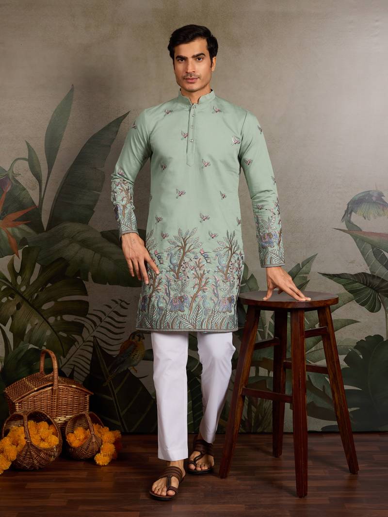 Pista green viscose silk thread & sequins embroidered work wedding festival marriage party wear straight mens kurta