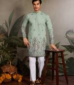 Pista green viscose silk thread & sequins embroidered work wedding festival marriage party wear straight mens kurta