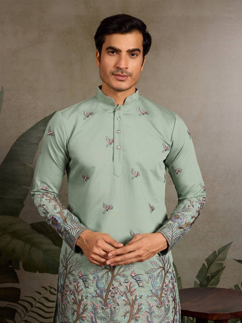 Pista green viscose silk thread & sequins embroidered work wedding festival marriage party wear straight mens kurta