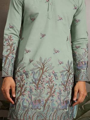 PISTA GREEN VISCOSE SILK THREAD & SEQUINS EMBROIDERED WORK WEDDING FESTIVAL MARRIAGE PARTY WEAR STRAIGHT MENS KURTA 5