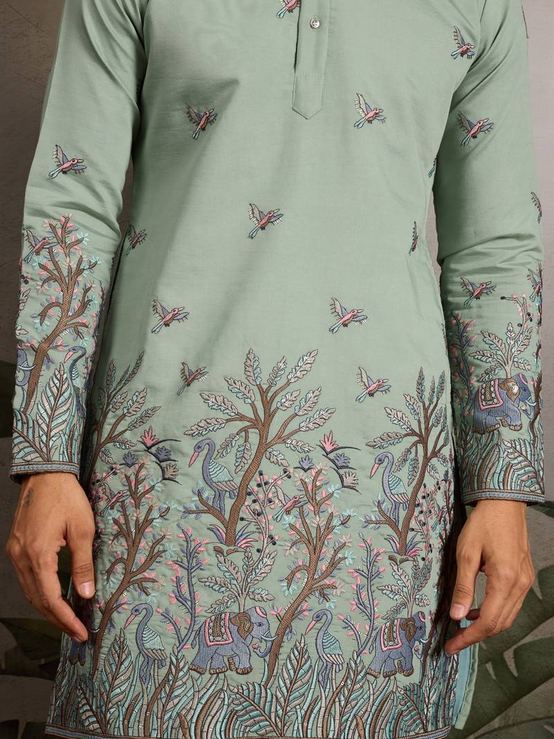 Pista green viscose silk thread & sequins embroidered work wedding festival marriage party wear straight mens kurta
