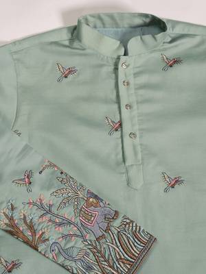 PISTA GREEN VISCOSE SILK THREAD & SEQUINS EMBROIDERED WORK WEDDING FESTIVAL MARRIAGE PARTY WEAR STRAIGHT MENS KURTA 6