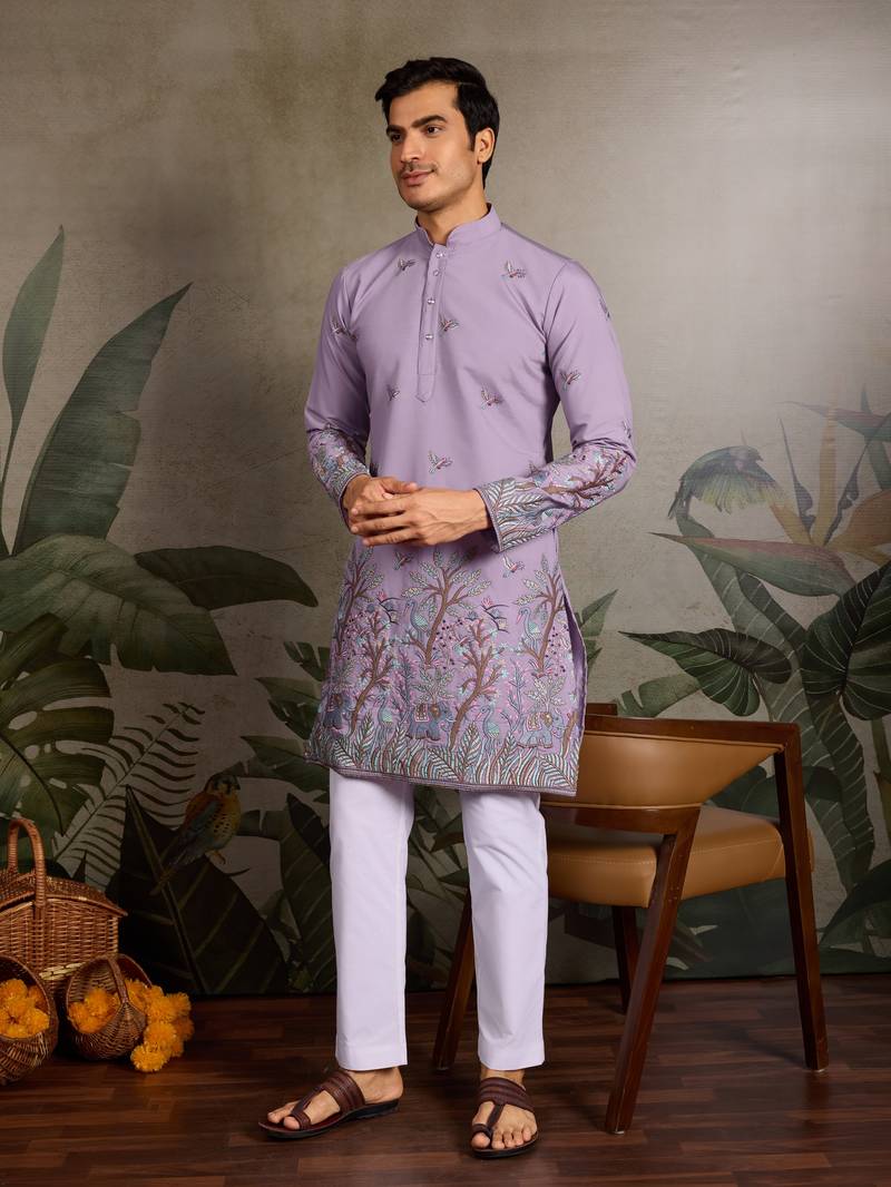 Lavender viscose silk thread & sequins embroidered work wedding festival marriage party wear straight mens kurta