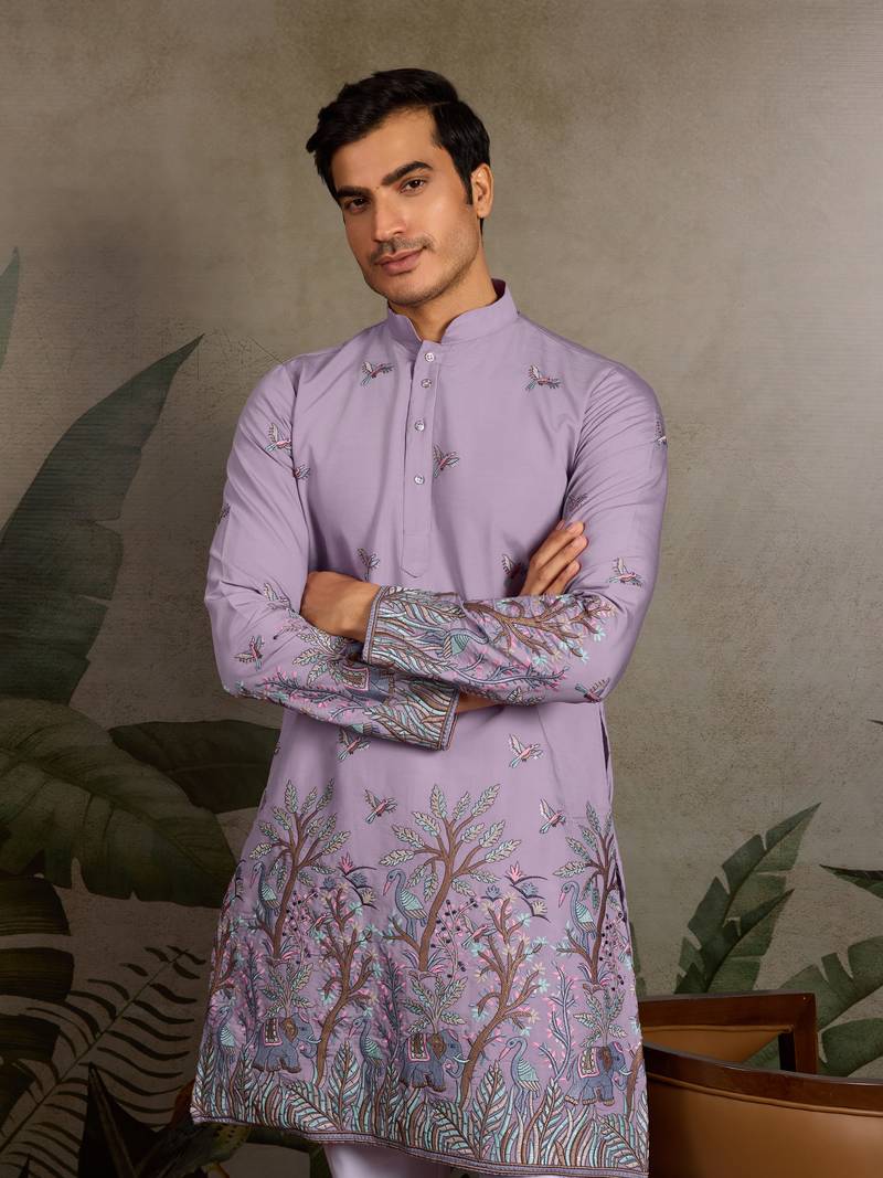 Lavender viscose silk thread & sequins embroidered work wedding festival marriage party wear straight mens kurta