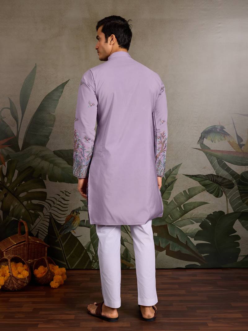 Lavender viscose silk thread & sequins embroidered work wedding festival marriage party wear straight mens kurta