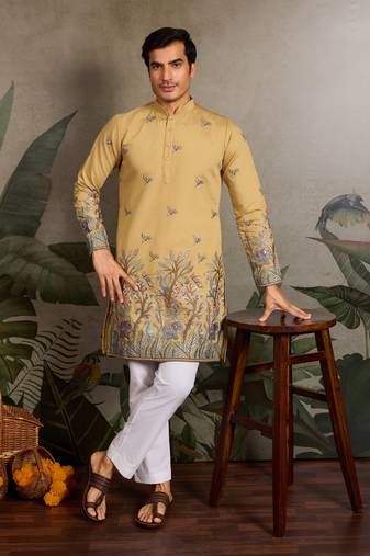 Yellow viscose silk thread & sequins embroidered work wedding festival marriage party wear straight mens kurta