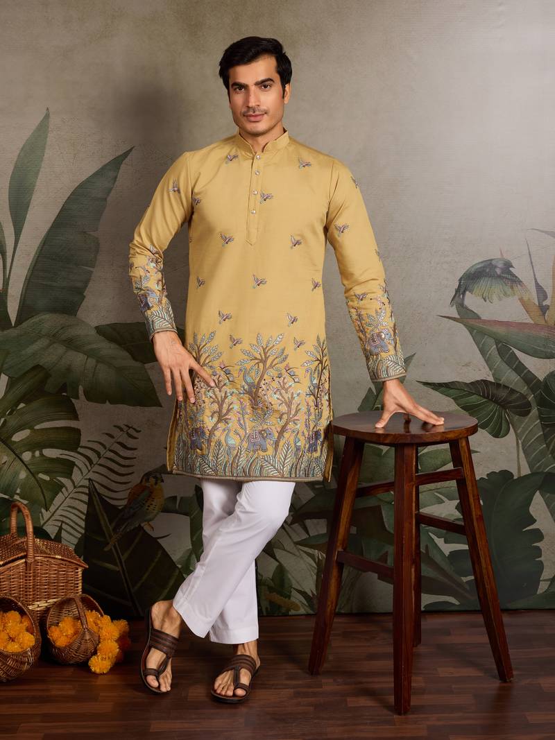 Yellow viscose silk thread & sequins embroidered work wedding festival marriage party wear straight mens kurta