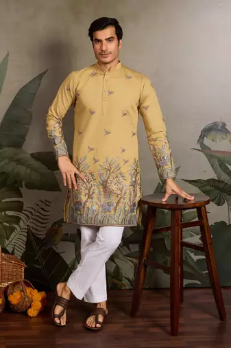 Yellow viscose silk thread & sequins embroidered work wedding festival marriage party wear straight mens kurta