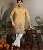 Yellow viscose silk thread & sequins embroidered work wedding festival marriage party wear straight mens kurta