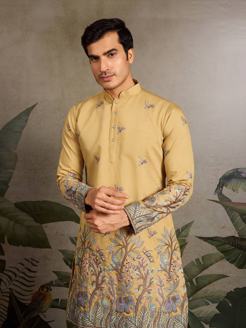 Yellow viscose silk thread & sequins embroidered work wedding festival marriage party wear straight mens kurta