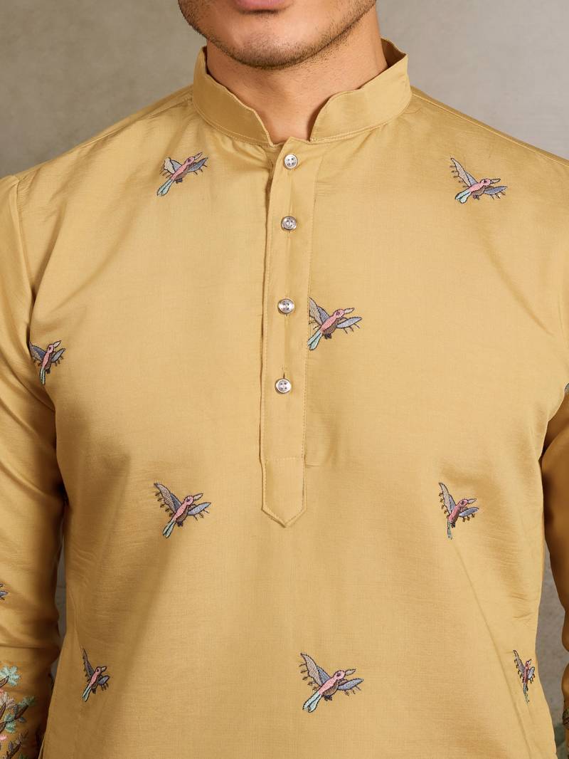 Yellow viscose silk thread & sequins embroidered work wedding festival marriage party wear straight mens kurta