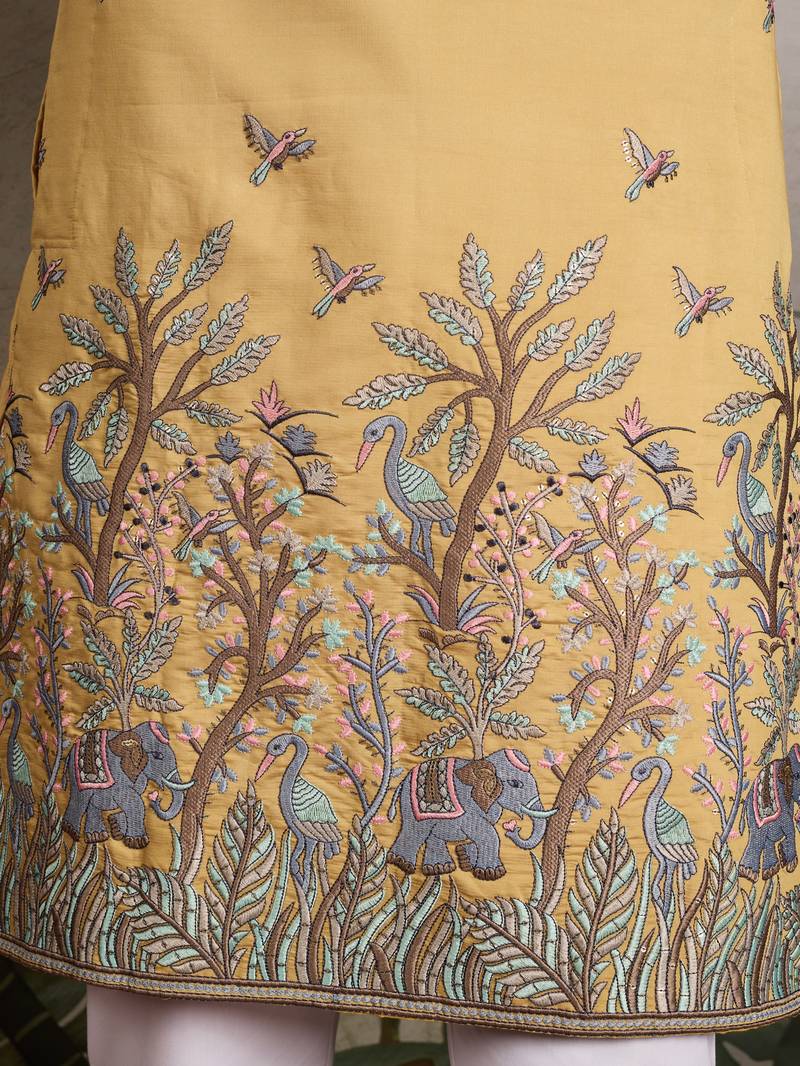 Yellow viscose silk thread & sequins embroidered work wedding festival marriage party wear straight mens kurta