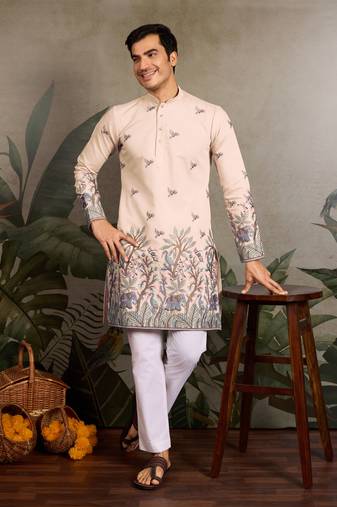 Beige viscose silk thread & sequins embroidered work wedding festival marriage party wear straight mens kurta