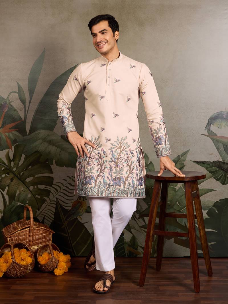 Beige viscose silk thread & sequins embroidered work wedding festival marriage party wear straight mens kurta