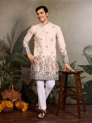 BEIGE VISCOSE SILK THREAD & SEQUINS EMBROIDERED WORK WEDDING FESTIVAL MARRIAGE PARTY WEAR STRAIGHT MENS KURTA 1