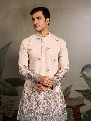BEIGE VISCOSE SILK THREAD & SEQUINS EMBROIDERED WORK WEDDING FESTIVAL MARRIAGE PARTY WEAR STRAIGHT MENS KURTA 3