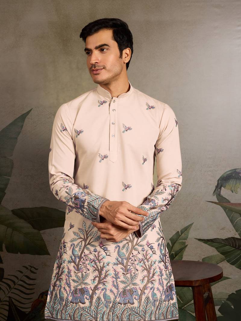 Beige viscose silk thread & sequins embroidered work wedding festival marriage party wear straight mens kurta